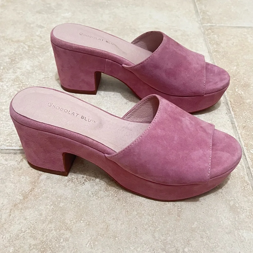 Chocolat Blu Pink Suede Platform Wedge Mules